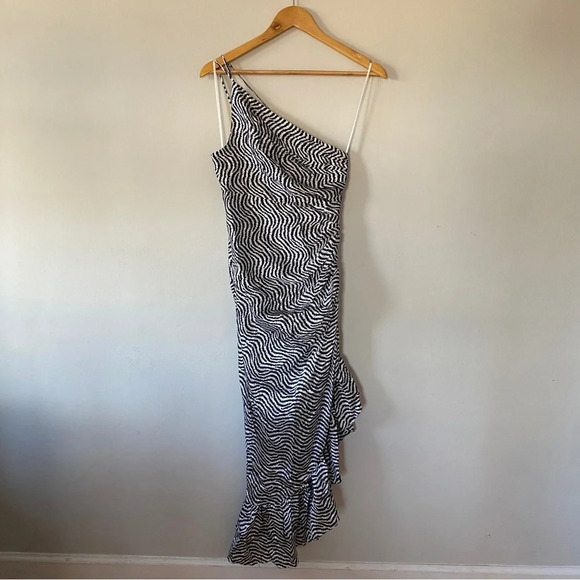 NWOT Cinq A Sept Silk Christel Ruched One Shoulder Silk Dress in White and Navy - Picture 4 of 9